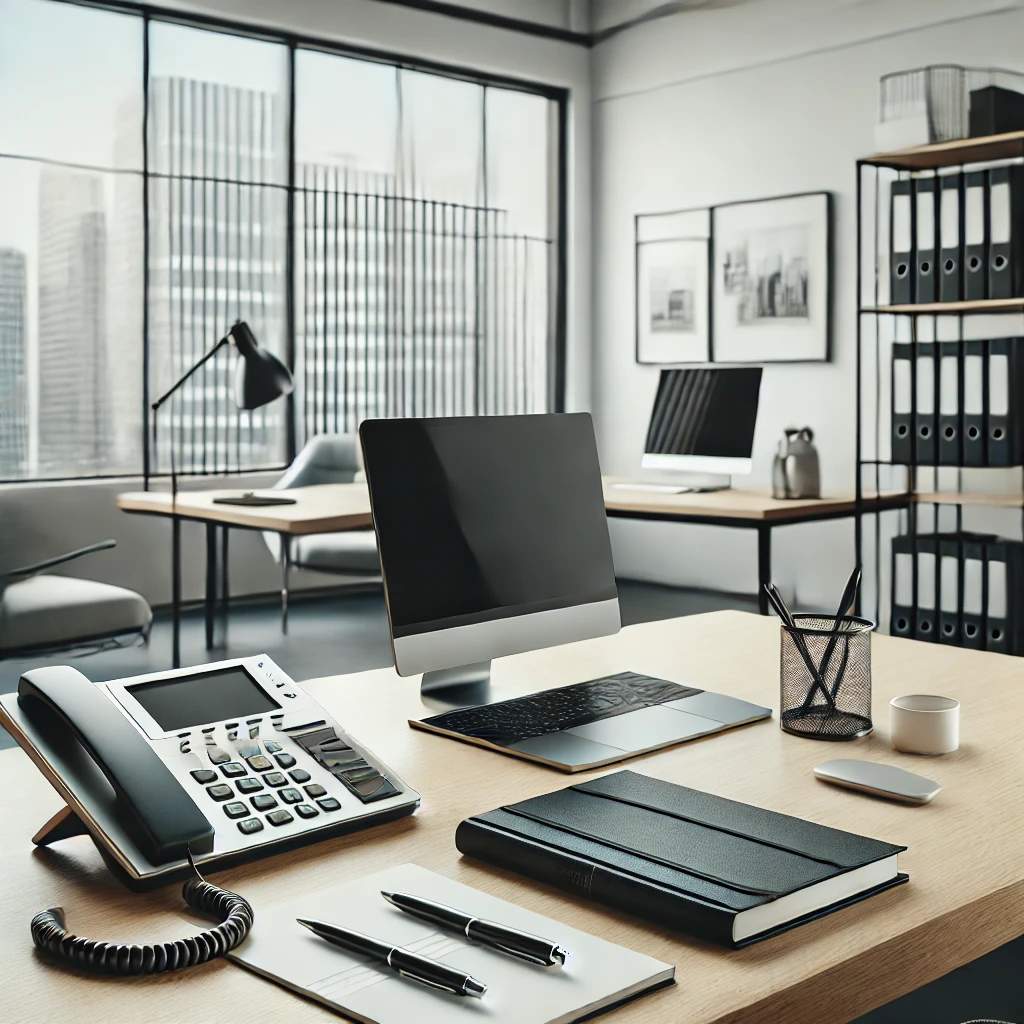 Un ufficio di un agenzia immobiliare con lo skyline di Milano.